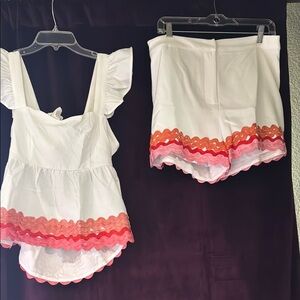 White Top and Shorts Set with Orange and Pink Bric Brac Trim